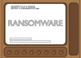 Poster - Cartoon Computer With the word Ransomware. Message of a screen displaying an installation window.