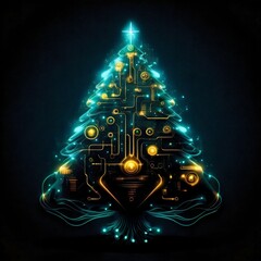 Poster - Christmas tree in cyberpunk style on dark background 