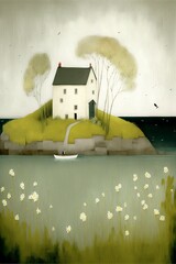 Wall Mural - idyllic white house, green island in the sea, cherry blossom tree