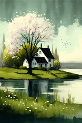 Wall Mural - idyllic white house, green island in the sea, cherry blossom tree