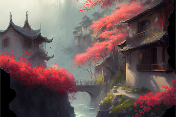 Wall Mural - An idyllic fantasy ravine town with red flowers, willows, fog and grays