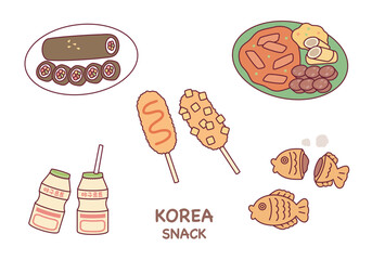 Wall Mural - Korean street food. Sundae, tteokbokki, hot dog, taiyaki, and yogurt.