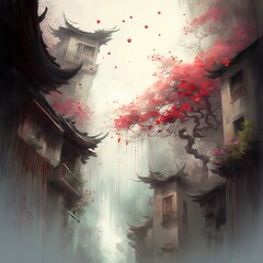 Wall Mural - An idyllic fantasy ravine town with red flowers, willows, fog and grays