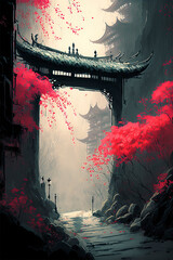 Poster - An idyllic fantasy ravine town with red flowers, willows, fog and grays