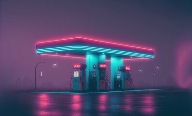 Neon gas station and vintage car fictional Image. generative ai