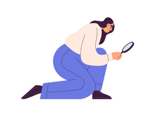 Poster - Person looking through magnifying glass, lens. Woman searching information, job, idea, opportunity. Analysis, finding answer, inspection concept. Flat vector illustration isolated on white background