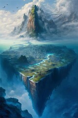 Poster - Dreamy imaginary solarpunk island, grassy fields, waterfall into the ocean, low-lying fog, rocky mountain sticking out of the fog