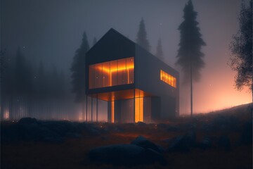 Canvas Print - Minimalist rectangular house in a foggy night