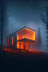 Wall Mural - Minimalist rectangular house in a foggy night