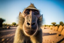  A Monkey With A Funny Look On Its Face And A Desert Background With Trees And Bushes In The Background And A Blue Sky Above It, With A Few Clouds And A Few Small,. Generative AI