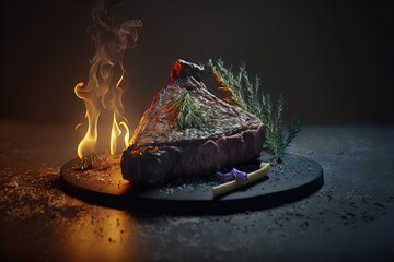 Poster -  a steak on a plate with a fire in the background and a knife on the plate with a piece of meat on it, with a fork and a piece of a knife on the plate with a. Generative AI