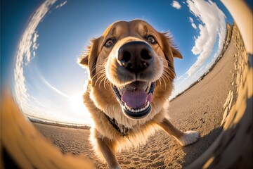 Canvas Print -  a dog is looking up at the camera with a smile on his face and a blue sky with clouds in the background and a lens on the ground with a dog looking up at the camera. Generative AI