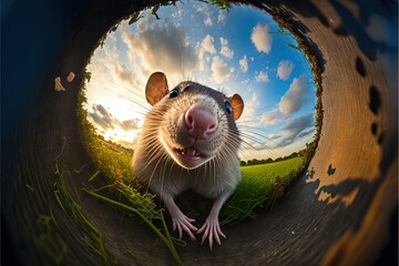  a rat is looking into a hole in the grass with the sun in the background and clouds in the sky above it, with a reflection of the rat's head and tail,. Generative AI