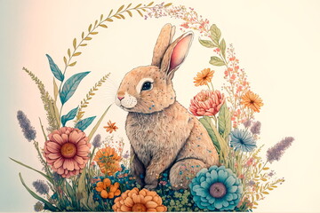 Wall Mural - Easter Bunny with flowers decoration for postcards Generative AI