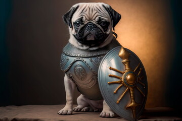 Cute pug knight character concept with shield in ancient ages Generative AI