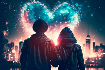 Wall Mural - Heart shaped fireworks . Lovers couple background night city .  Valentine Day. Generative AI