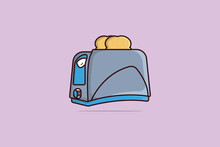 Toaster With Hot Toasts, Bread Slices Vector Illustration. Break Fast Food Technology Object Icon Concept. Toast Burnt And Jumping Out Illustration. Delicious Breakfast Bread Toaster Vector Design.