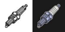 Spark Plug Vector Illustration In Two Styles Black On White And Colorful On Dark Background