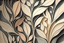 A Painting Of A Leafy Pattern On A Wall With A Brown Background And A Black Frame With A White Border., Generative Ai