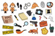 Vector illustration icon set of various police detective inspector or private investigator equipment and tools clip art