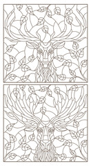 Wall Mural - A set of contour illustrations in the style of stained glass with deer and elk heads, dark contours isolated on a white background