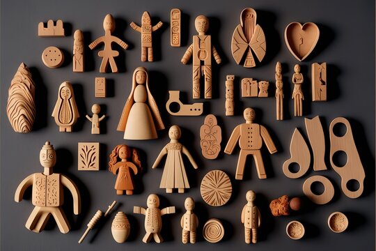 a collection of wooden toys and figurines on a table top, including a man, woman, and a child, all of them are made of wood and are on a dark background.