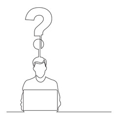 Wall Mural - continuous line drawing man sitting with laptop computer with question PNG image with transparent background