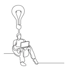 Poster - continuous line drawing man sitting with laptop finding new idea png image with transparent backgrou