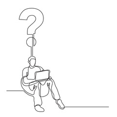 Poster - continuous line drawing man sitting with laptop finding new question png image with transparent back