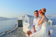 Beautiful young couple bride and groom celebrate wedding on Santorini