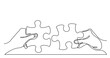 continuous line drawing of two hands with puzzle pieces connecting together PNG image with transparent background