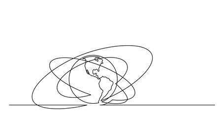 Sticker - continuous line drawing of world planet earth with orbits PNG image with transparent background