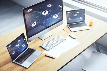 Poster - Modern computer display with social network icons concept. Networking concept. 3D Rendering