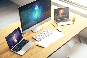 Poster - Creative idea concept with light bulb and microcircuit illustration on modern laptop screen. Neural networks and machine learning concept. 3D Rendering