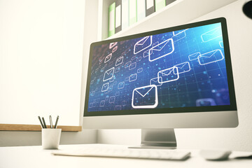 Poster - Creative abstract postal envelopes sketch on modern laptop monitor, e-mail and marketing concept. 3D Rendering