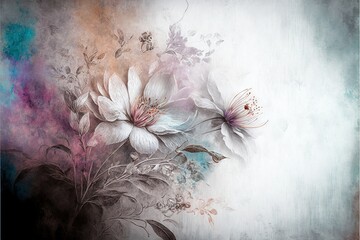 a painting of flowers on a wall with a blue background and a white and pink flower in the center., generative ai