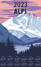 Monthly Calendar 2023 Year Alps Ski Resort Poster, Retro. Mont Blanc Winter Travel Card
