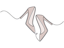 Nude Beige Pumps High Heels. Pair Of Shoes One Line Continuous Drawing Vector Illustration. Hand Drawn Linear Silhouette Icon. Fashion Design Element For Print, Banner, Card, Poster, Brochure.