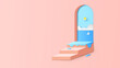 Podium stair with arch open to the view of sea. Summer podium mockup template. paper cut and craft style. vector, illustration.
