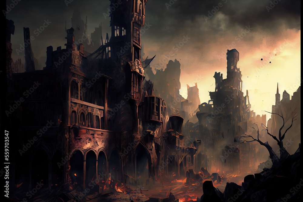 concept art style landscape painting of destroyed medieval fantasy city