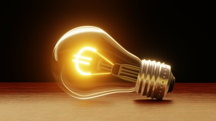 Light bulb with Euro symbol on wooden table and black background. Energy saving, economy, expensiveness, warming, global crisis concept