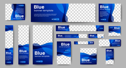 Waving Blue Web Banner template design set. horizontal, vertical, square ad banners layout.
