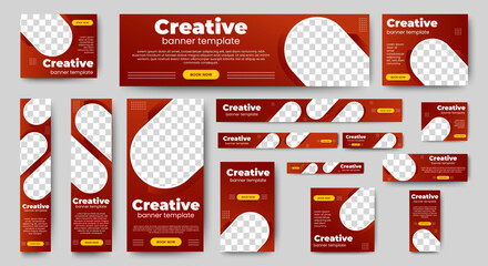 Creative Red Web Banner template design set. horizontal, vertical, square ad banners layout.