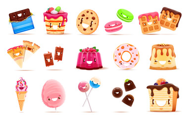 Sticker - Cartoon funny sweets, desserts and bakery characters. Isolated vector kawaii chocolate bar, cake, pie, ice cream and donut. Cotton candy, lollipop, pudding, cookie or wafer and macaroon personages