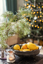 Fresh Lemons In Vintage Bowl On Wooden Table At Home