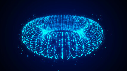 Poster - Futuristic dynamic wireframe torus on a blue background. The flow of scientific data. Futuristic digital technology. 3D rendering.