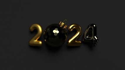 Wall Mural - 2024 New Year sign with rotating ball. 3d metallic golden with black numbers and glossy ball. Seamless looped 4k animation.