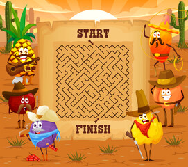 Poster - Labyrinth maze game, cartoon fruit western cowboy, ranger, sheriff and robber characters, vector quiz. Pineapple ranger, papaya cowboy and orange sheriff on kids labyrinth maze or find way game