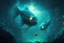 Ugly Alien Fishes Swimming Underwater In Murky Water