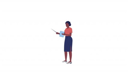 Poster - Animated teacher holding pointer. Classroom activity. Full body flat person on white background with alpha channel transparency. Colorful cartoon style HD video footage of character for animation